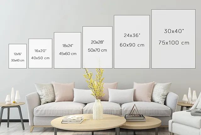 Canvas size reference displayed above a sofa