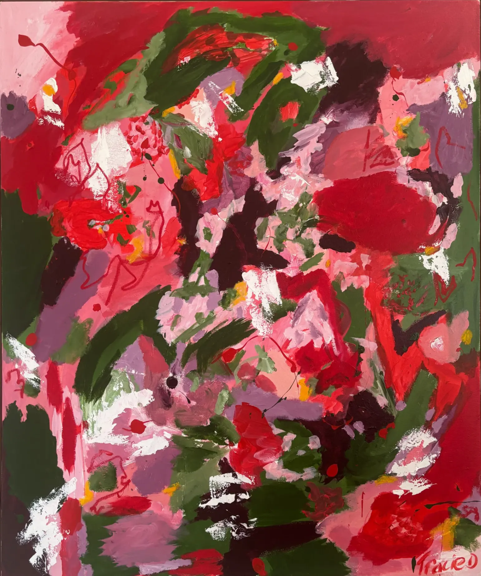 Why not dream - Original Mixed media Acrylic on canvas artwork created in 2024, W 103cm x H 124cm, framed. An expressive abstract exploration of emotional intensity and renewal—where bold reds pulse with urgency, softened by organic greens and layered pinks that suggest growth, memory, and resilience. The energetic brushstrokes and spontaneous marks create a sense of movement and tension, inviting the viewer to oscillate between chaos and calm, passion and grounding