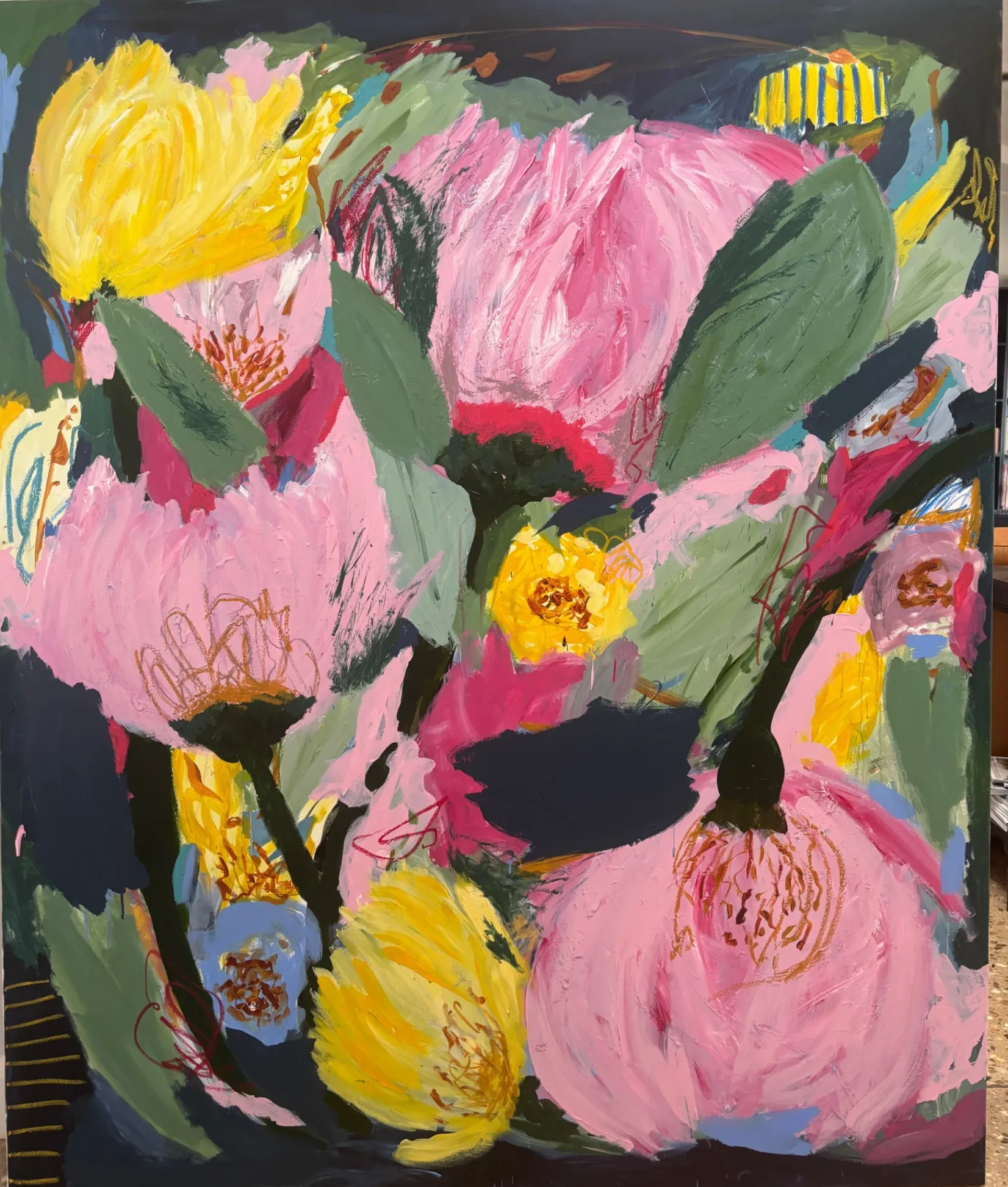 Magical moments - Original Mixed media artwork created in 2024, W 210cm x H 180cm, unframed. A luminous abstract floral composition that captures fleeting moments of joy and wonder. Soft pinks and warm yellows bloom against a deep, inky background, creating a sense of light emerging from shadow. Expressive, gestural brushstrokes give the flowers a living, breathing quality—imperfect, abundant, and full of movement. The contrast between delicacy and boldness invites the viewer to linger, evoking feelings of optimism, tenderness, and quiet celebration.
