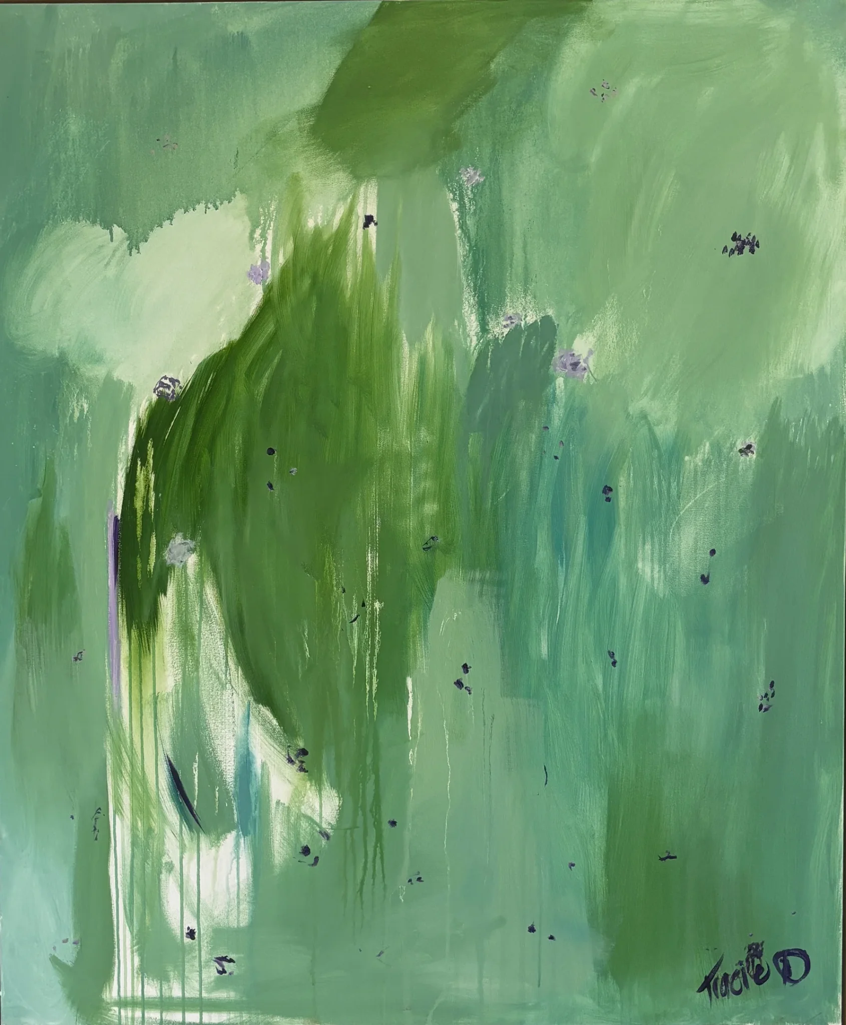 Spring Above - Original Acrylic on Canvas artwork created in 2025, W 103cm x H 124cm, framed. Framed in natural timber, this work brings a calming, grounded presence to a space offering a visual exhale and a connection to growth, healing and inner quiet. Lavender accents emerge as fleeting wildflowers. The framing adds an extra layer of warmth.