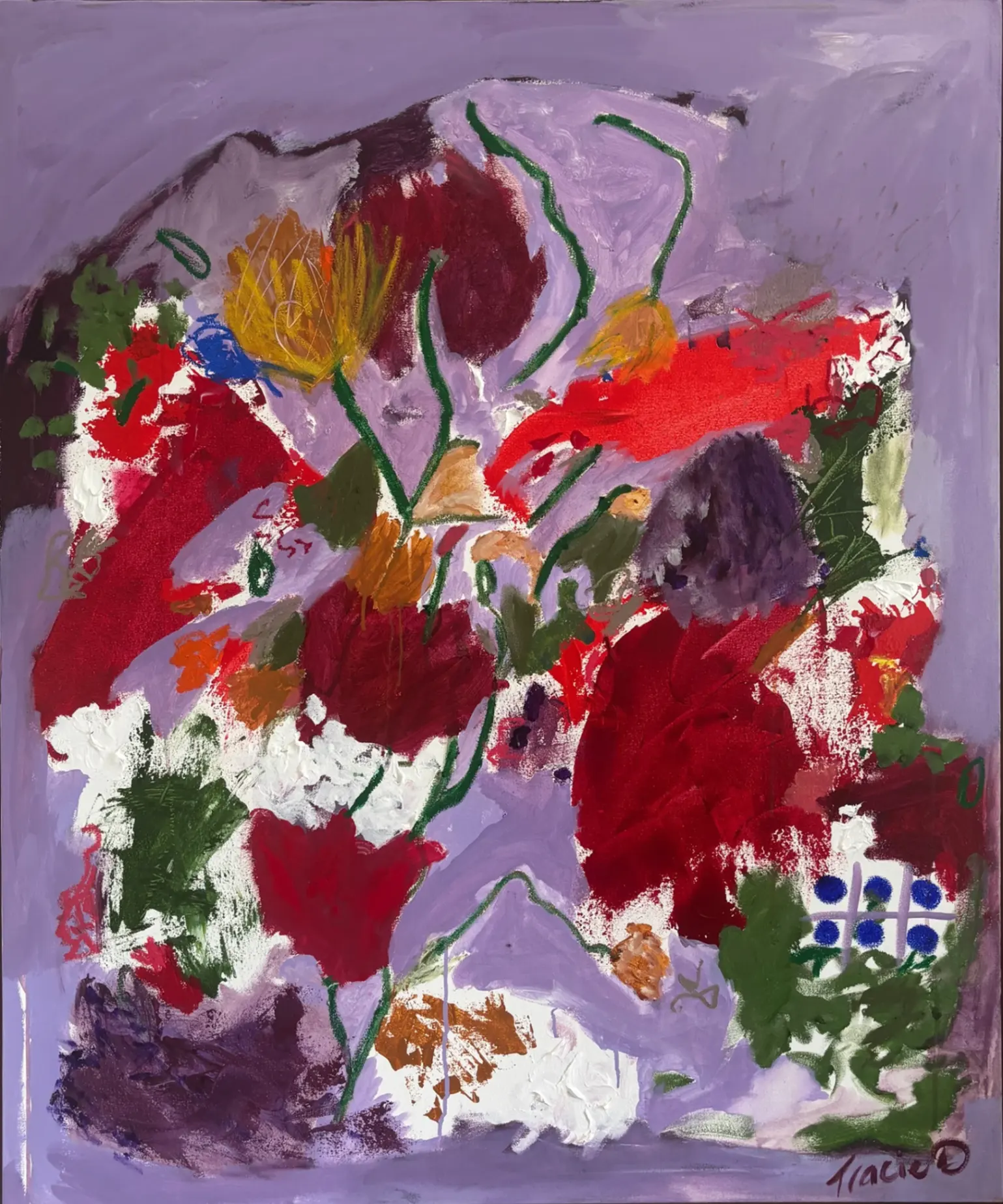 Lets begin - Original Mixed Media Acrylic artwork created in 2025, W 105cm x H 124cm, framed. This is a bold, expressive abstract floral. It's confident, intuitive, joyful, and unapologetically painterly. The lilac ground softens the intensity of the reds, while the green stems create movement and connection.
This piece invites the viewer to feel joy, openness, and connection_bringing vibrancy and charter to a space while retaining sense of softness and flow.