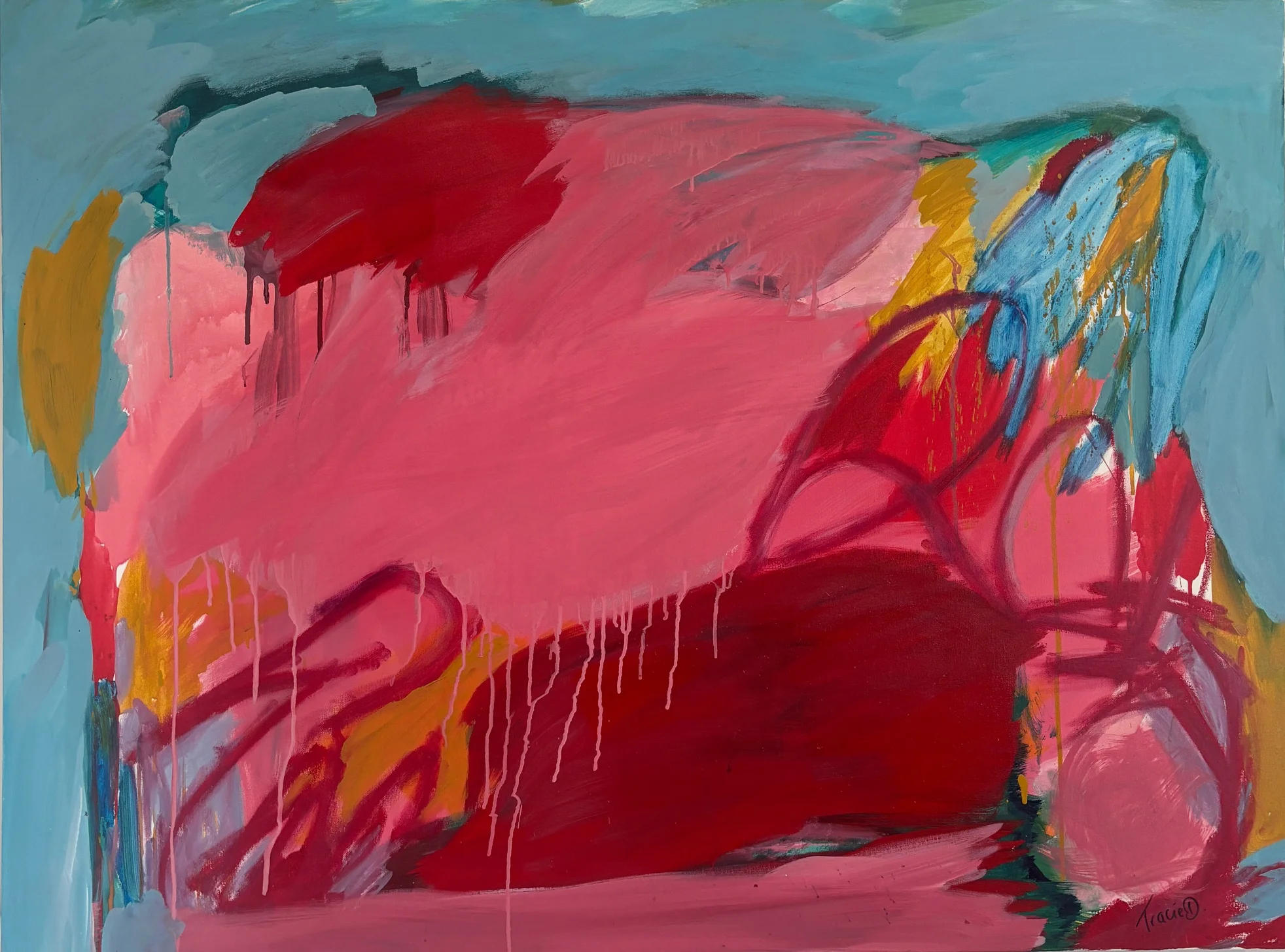 Inner Terrain - Original Acrylic on Canvas artwork created in 2024, W 121cm x H 90cm, unframed. There is tension and release in the painting I have done a softness and strength. Also allowing emotion rather then control.There is a feel something held within. slowly trying to be released.