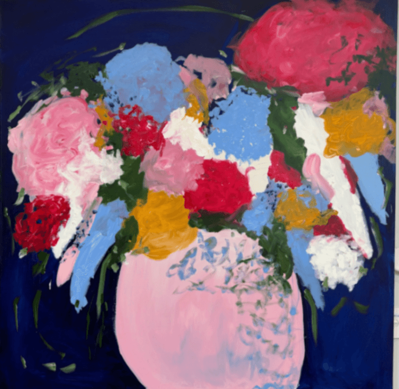 SPRING FEELINGS - Original Acrylic on Canvas artwork created in 2024, W 100cm x H 100cm, unframed. This floral work explores the quiet poetry of nature-flowers gathered not as a formal arrangement,but as a feeling.Soft yet confident, as if the blooms are gently breathing within the space.Layers of acrylic paint build depth and texture, allowing colours to emerge and recede, much like memories or moments in time.